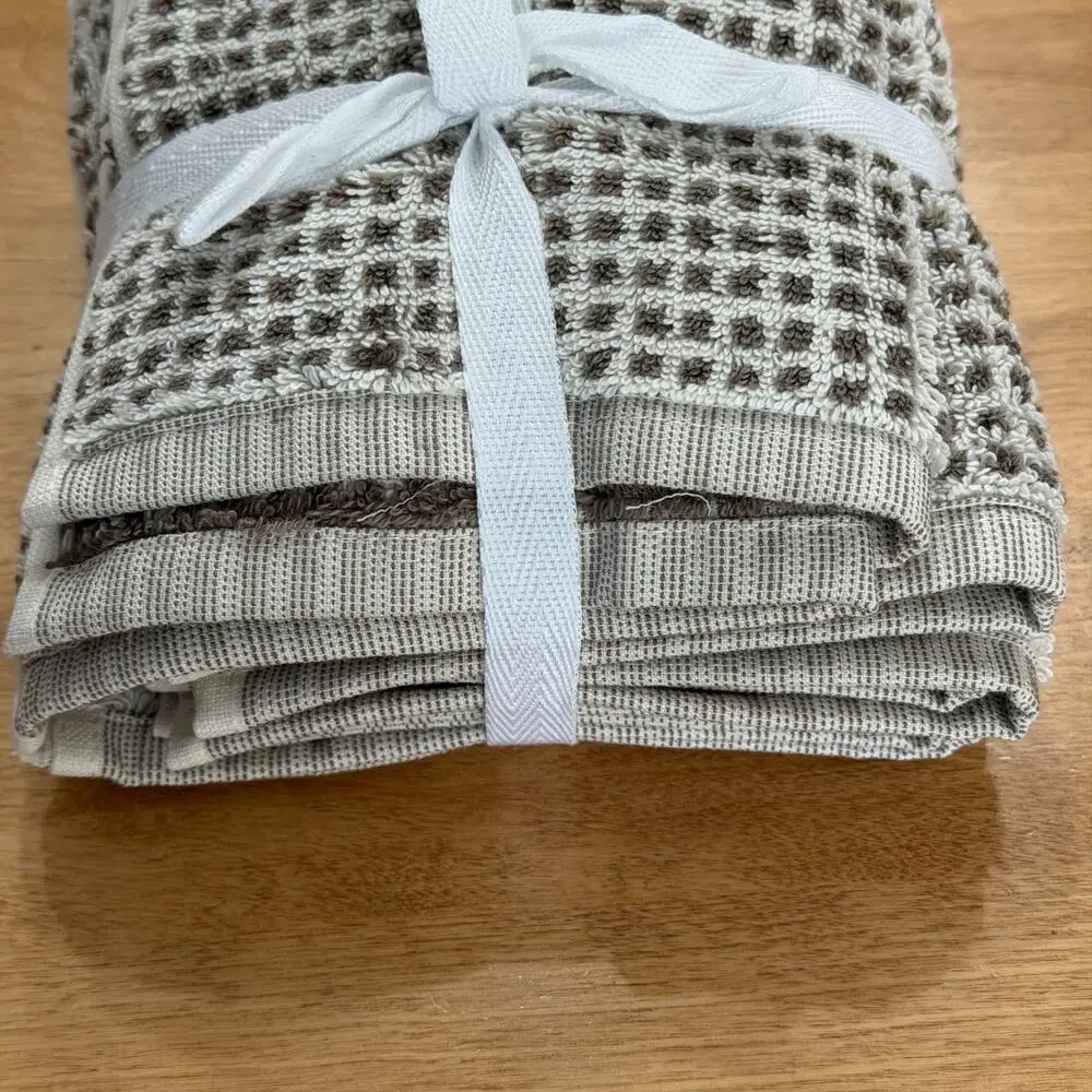 Brooks Brothers Set of 4 Premium Turkish Cotton Washcloths Taupe Ivory Grid NWT